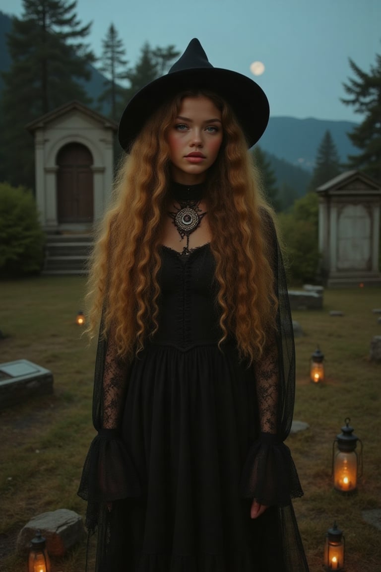 Capture a candid photo of a stunning 18-year-old girl, year-old petite teenager, young, youth, child, kid, blending white and Spanish heritage. She has long blonde wavy hair, Skin- fair, olive, green eyes, lush and vibrant, long curly hair

A mysterious witch, shrouded in darkness, stands amidst a crumbling, moonlit cemetery. Her long, raven-black hair billows in the wind, with subtle, glowing embers woven into the strands. Her porcelain skin glows softly, illuminated by the faint light of lanterns scattered around her.

Attire:

- Tattered, black Victorian-era gown, with intricate lace and mysterious symbols
- A pointed hat casts a dramatic shadow over her face
- Glittering, gemstone-encrusted brooch at her throat, pulsing with an otherworldly energy

Setting:

- Forgotten, rural cemetery, with overgrown grass and vines claiming the gravestones
- Crumbling mausoleums loom in the background, their doors slightly ajar
- Flickering candles and lanterns cast eerie shadows on the ground

Intricate details:

- Delicate, swirling mist around her feet, as if the earth itself is responding to her presence
- Ancient, leather-bound tome lies open at her feet, its pages fluttering in the wind
- Tiny, glowing orbs float around her, like fireflies drawn to her magic

Artistic style:

- Inspired by dark fantasy and Gothic horror
- Hyperrealistic, ultra-detailed, and luminous, with film grain texture
- Cinematic quality, sharp focus, and crystal clarity

Mood:

- Ominous, mystical, and enchanting, with a touch of supernatural power