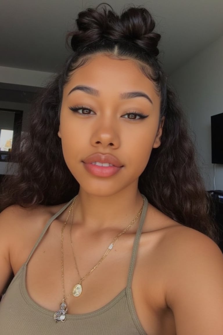 Create a stunning portrait of an 18-year-old mixed-heritage girl, blending South African and Japanese roots:
-  Carmel with subtle sheen
- Almond-shaped asian eyes, full lips, small button nose, small petite nose, braces, 
- Structured cheek bones, feminine features, 
- Long curly hair 
- Petite, toned physique (5'3", 125 lbs, 34" waist) head fits body, realistic body
- Asian swag, modern day outfit, cultured clothing
- Minimal makeup, natural glow
- bright smile, pearly white teeth

Capture her essence: American girl, mixed race, beautiful blend."

Realistic, photo real, photo realistic, real,

Hanging out in her bedroomroom sitting on the bed taking a selfie. Relaxing, chilling