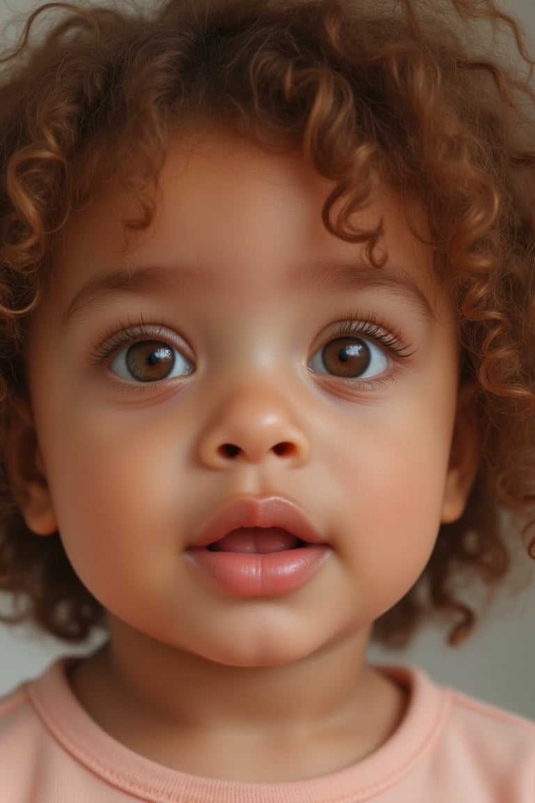 Capture a candid photo of a blending of a Black and Spanish baby. She has fluffy curly brown hair, curly. 

*Baby's Face:*
Adorable round
Bright curious eyes
Button nose
Plump rosy cheeks
Sweet gentle smile

*Baby's Personality:*
Curious adventurous
Giggly playful
Snuggly affectionate
Happy energetic

*Baby's Features:*
Soft curly hair
Chubby little hands
Tiny feet