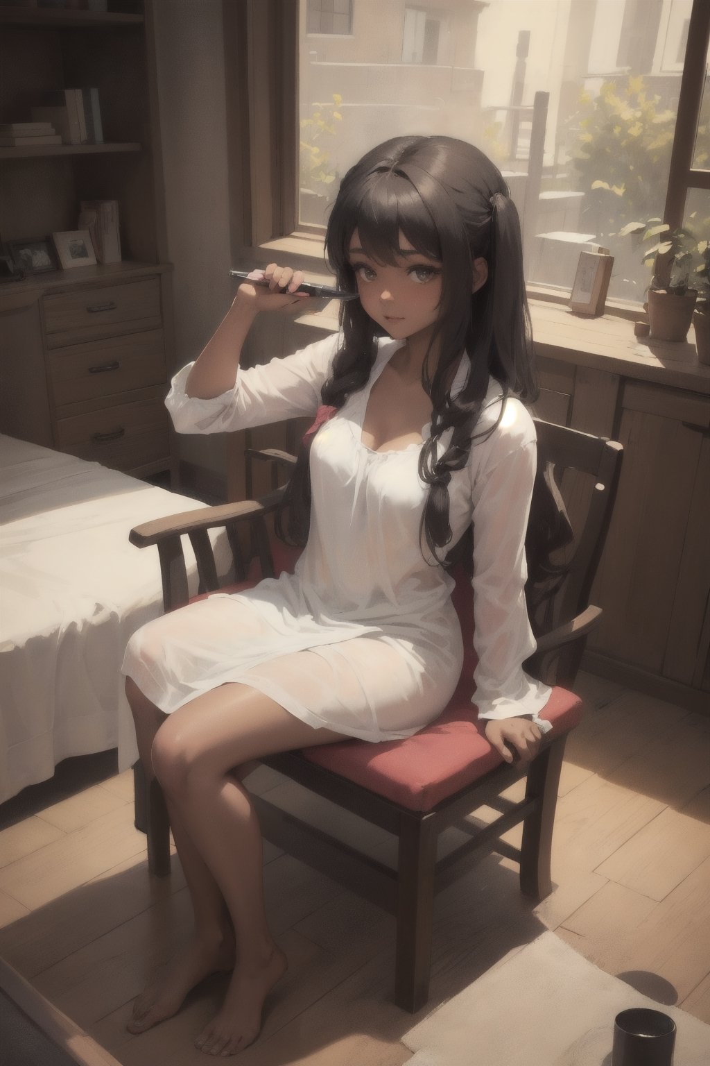 A 20 year old women sitting in a chair in her bedroom, at her vanity doing her hair. She is a beautiful dark skinned girl with beautiful long locks. With a paddle brush, you can view her through a slim crack in the door and you can also see her bed and other things that goes in a bedroom. She is in her night gown getting ready for bed. Masterpiece, high quality, best quality, 1girl, innocent, shy, happy, cute,