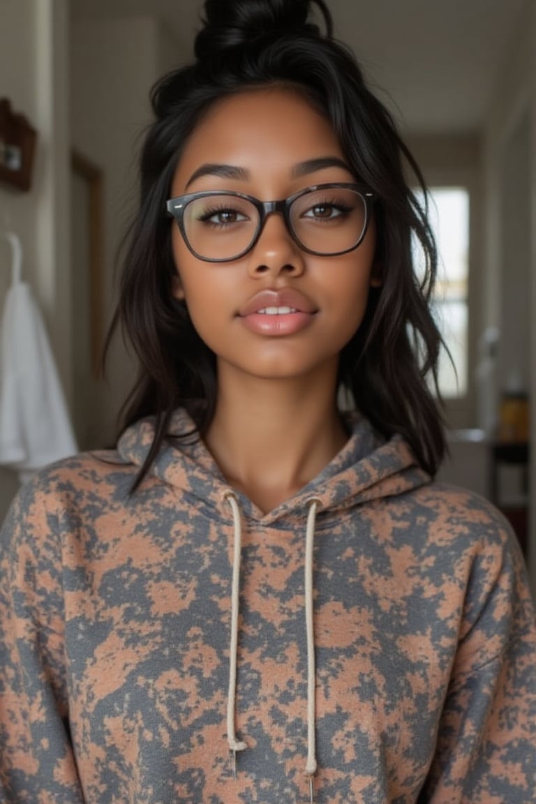 Create a breathtakingly realistic portrait of an 18-year-old mixed-heritage girl, blending South African and Japanese roots:

- Relaxing at home, in her bathroom taking a selfie
- Cinnamon, Mocha brown skin with subtle sheen
- Almond-shaped Asian eyes, full lips, small button nose, small petite nose, braces
- Structured cheekbones, feminine features

*Hair:*

- EXTRA LONG, WAIST-LENGTH DARK HAIR (below the waist)
- LUSH, CURLY LOCKS (tail bone length)
- LONG HAIR, LONG CURLS, FLOWING HAIR
Longer hair, in a pony tail, all hair in pony tail, no hair out

*Physique:*

- Petite, toned (5'3", 125 lbs, 34" waist)
- Proportionate, realistic body

*Outfit:*

- a pearl dope/cool printed pull over hoodie with hope and pull strings
- Matching denim jeans

*Accessories:*

- *PRESCRIPTION GLASSES* (black square framed)
- Glasses, specs, eyewear (emphasize)

*Makeup and Pose:*

- Minimal makeup, natural glow
- Confident pose, bright smile, pearly white teeth

*Essence:*

- American girl, mixed race, beautiful blend
- Captivate her relaxed, carefree spirit

*Quality:*

- Realistic, photo-real, photo-realistic, real-life
- High-resolution, ultra-detailed, photorealistic textures
- Razor-sharp edges, crystal-clear facial features, 

Square Shaped prescription glasses on all generates

Why is it so hard for you to make her hair long? Long hair please