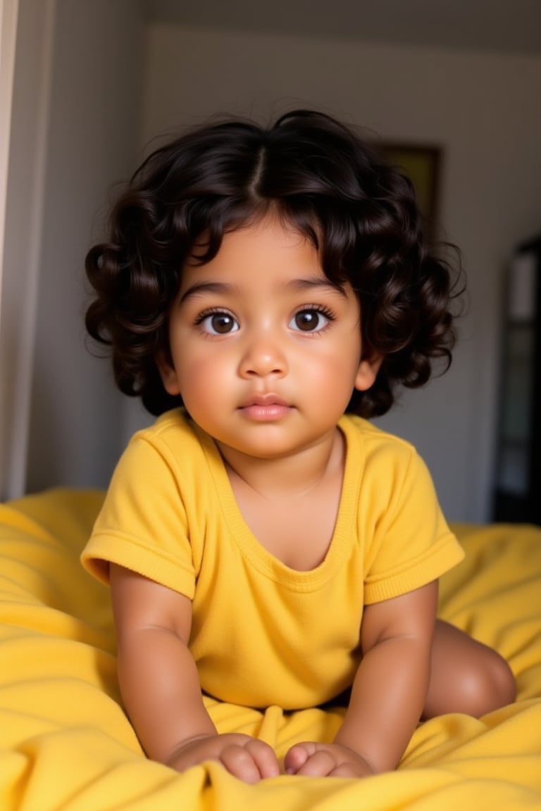 A baby melanated girl with curly hair, baby soft hair, short baby hair, indian brown skin mixed with puerto Rican and Cuban heritage, light brown, black American,

At home in the living room on a yellow blanket
*Baby's Face:*
Adorable round
Bright curious eyes
Button nose
Plump rosy cheeks
Sweet gentle smile

*Baby's Personality:*
Curious adventurous
Giggly playful
Snuggly affectionate
Happy energetic

*Baby's Features:*
Soft curly hair
Chubby little hands
Tiny feet