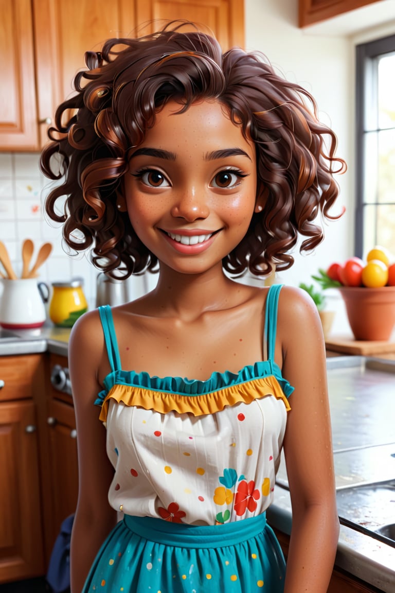 Clean Cartoon-brushstrokes Painting, crisp, simple, colored_lineart_illustration style, 1 woman, smiling, (21 years old), real, realistic, realism, melanated female, brown skin, dark skin, cinnamon brown skin, indian, type 4 hair, dark brown hair, brown on brown hair, curly hair, short hair, standing in the kitchen, freckles on face only, beautiful, quirky, dimples, feminine, soft, whimsical, happy, young, vibrant, adorable, slender/petite body shape, normal size head, head that fits body, high quality, masterpiece ,3D