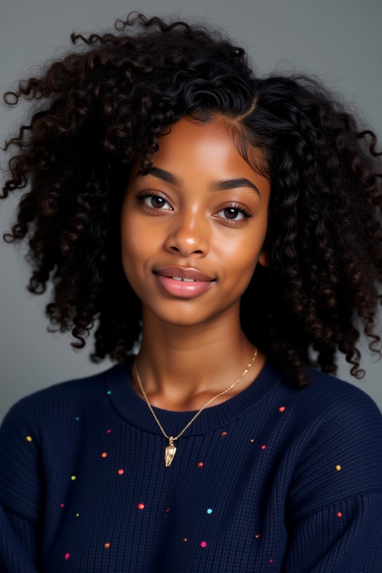 A 19-year-old melanated girl with type 4 curly hair, long curly hair, waist length hair, thick and dense hair, and brown skin black girl, black American, Neutral Expression:* "Capture a serene, symmetrical portrait of a person: - Face filling the frame - Soft, natural light - Neutral expression - Eyes looking directly at the camera - Subtle, relaxed smile" -Necklace -Subtle smile - A navy blue knitted sweater with colorful confetti Natural lighting, no exposure