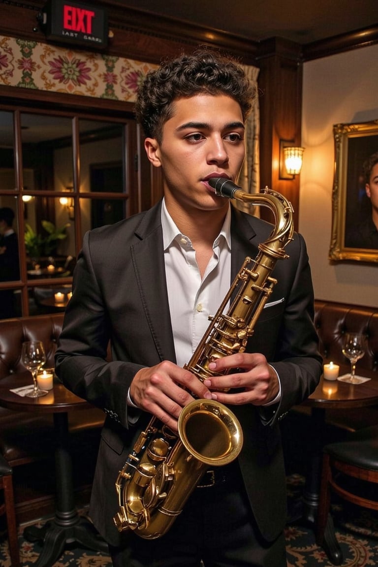 A stunning Spanish,  and black boy with blue eyes and light brown skin,  and short curly brown hair. _General:_ An intimat...