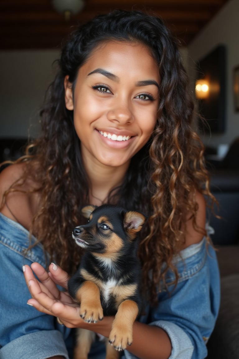 Create a stunning portrait of an 18-year-old mixed-heritage girl, blending South African and Japanese roots:
-  Carmel with subtle sheen
- Almond-shaped asian eyes, full lips, small button nose, small petite nose, braces, 
- Structured cheek bones, feminine features, 
- Long curly hair 
- Petite, toned physique (5'3", 125 lbs, 34" waist) head fits body, realistic body
- Asian swag, baggy clothes, brown shirt with a denim jean jacket
- Minimal makeup, natural glow
- bright smile, pearly white teeth

Capture her essence: American girl, mixed race, beautiful blend."

Realistic, photo real, photo realistic, real,

A young woman with a radiant smile and sparkling green eyes gently cradles a tiny, adoptable German shepherd puppy in the palm of her hand. The puppy, a fluffy ball of black and brown fur, gazes up at her with big, round eyes, as if mesmerized by her kindness. The woman's delicate features and soft, curly natural blonde hair create a warm, nurturing aura, as if she's a guardian angel sent to care for this little bundle of joy. The background is in the living room of her cabin home. The woman's eyes light up with delight as she whispers sweet nothings to the gsd, creating a heartwarming moment that's both tender and adorable