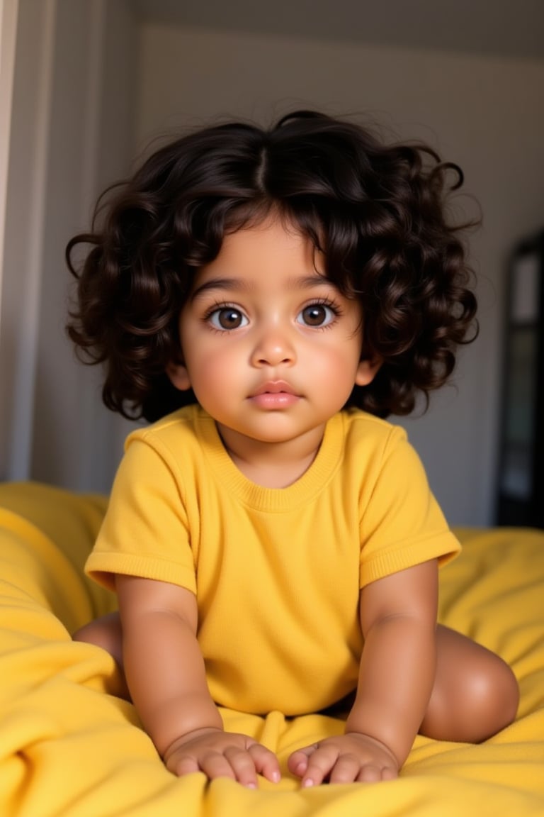 A baby melanated girl with curly hair, baby soft hair, indian brown skin mixed with puerto Rican and Cuban heritage, light brown, black American,

At home in the living room on a yellow blanket
*Baby's Face:*
Adorable round
Bright curious eyes
Button nose
Plump rosy cheeks
Sweet gentle smile

*Baby's Personality:*
Curious adventurous
Giggly playful
Snuggly affectionate
Happy energetic

*Baby's Features:*
Soft curly hair
Chubby little hands
Tiny feet