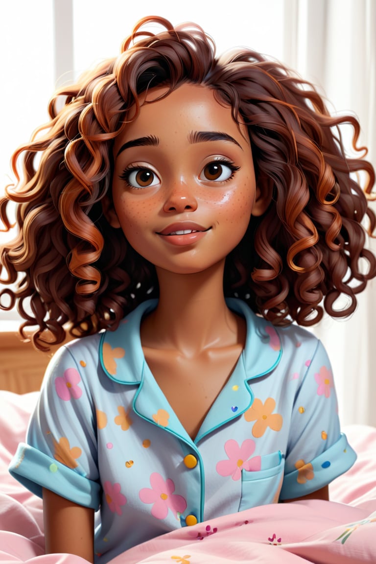 Clean Cartoon-brushstrokes Painting, crisp, simple, colored_lineart_illustration style, 1 woman, (21 years old), melanated female, brown skin, dark skin, cinnamon brown skin, type 4 hair, brown hair, curly hair, realism, waking up, in bed, bed hair, morning, tired, beautiful, quirky, dimples, feminine, soft, facial freckles, whimsical, happy, young, vibrant, adorable, pajamas, slender/petite body shape, normal size head, head that fits body, high quality, masterpiece ,3D