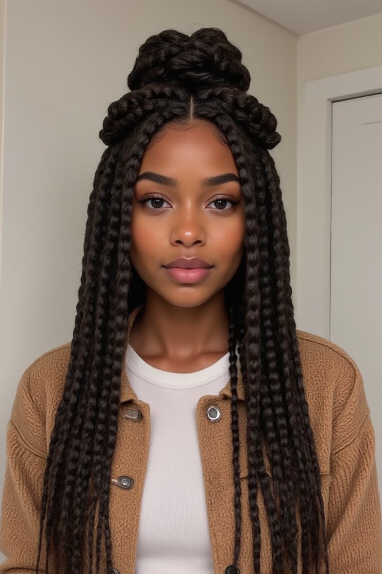 2 thick, dense braids,
Brown eyes shining, small button nose, small full lips
confident and bright
Petite, curvy, cool-girl stride
White shirt, jacket and loose jeans, denim, Levi,
Straight face, smiling with eyes,
Private citizen, beautiful form
Inspired by nyc female rapper boog the bandit
Light skin