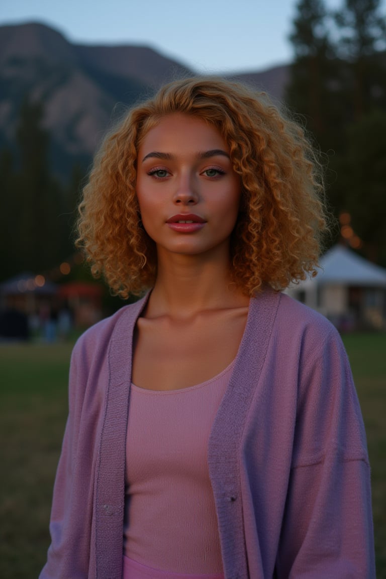 Generate an image of a stunning 18-year-old girl, blending White and Spanish heritage. Olive, goldfish skin tone. She has short, shoulder length, strawberry blonde, ginger, natural, Ed sheerans hair, curly, wavy hair, lush and vibrant, falling in loose waves down her back.

Setting:
- Outdoor: A serene mountain campsite at dusk, mountain view
- Soft, warm lighting with subtle shadows and twinkling string lights
- Tall trees surrounding a cozy clearing, with a crackling campfire and rustic wooden benches
- Camping gear and equipment subtly integrated into the scene

Physical Description:
- Fair skin with a subtle, sun-kissed glow, olive goldish skin tone
- Bright, expressive blue eyes
- Petite, thin,
- Smiling
- slim feminine beautiful exotic facial features 
- regular lips

Outfit:
- Comfortable, pastel purple fitted pastel top
- Practical hiking leggings
- Warm, cozy cardigan

Style:
-Effortless, coastal chic
- Confident, carefree, innocent pose

Mood:
- Serene, joyful, and radiant
- Capturing the essence of a relaxed summer afternoon
Inspired by singer Tyla's vibrant energy and style, create a breathtaking image that embodies beauty, elegance, and a laid-back coastal vibe.