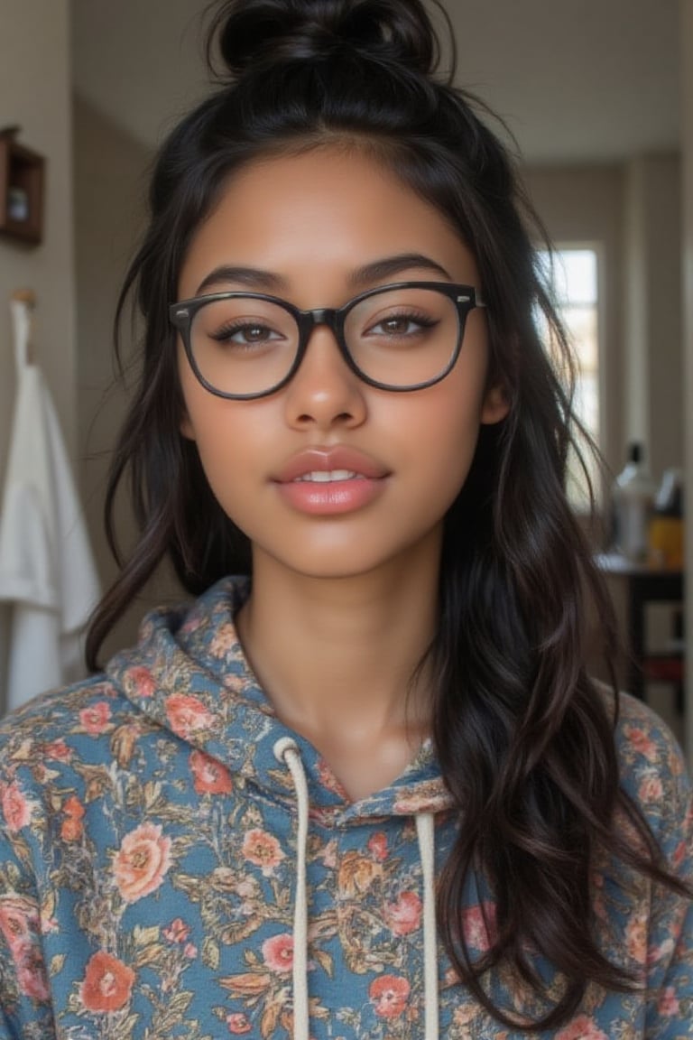 Create a breathtakingly realistic portrait of an 18-year-old mixed-heritage girl, blending South African and Japanese roots:

- Relaxing at home, in her bathroom taking a selfie
- Cinnamon, Mocha brown skin with subtle sheen
- Almond-shaped Asian eyes, full lips, small button nose, braces
- Structured cheekbones, feminine features

*Hair:*

- EXTRA LONG, WAIST-LENGTH DARK HAIR (below the waist)
- LUSH, CURLY LOCKS (tail bone length)
- LONG HAIR, LONG CURLS, FLOWING HAIR
Longer hair, in a pony tail, all hair in pony tail, no hair out

*Physique:*

- Petite, toned (5'3", 125 lbs, 34" waist)
- Proportionate, realistic body

*Outfit:*

- a pearl dope/cool printed pull over hoodie with hope and pull strings
- Matching denim jeans

*Accessories:*

- *PRESCRIPTION GLASSES* (black square framed)
- Glasses, specs, eyewear (emphasize)

*Makeup and Pose:*

- Minimal makeup, natural glow
- Confident pose, bright smile, pearly white teeth

*Essence:*

- American girl, mixed race, beautiful blend
- Captivate her relaxed, carefree spirit

*Quality:*

- Realistic, photo-real, photo-realistic, real-life
- High-resolution, ultra-detailed, photorealistic textures
- Razor-sharp edges, crystal-clear facial features, 

Square Shaped prescription glasses on all generates

Why is it so hard for you to make her hair long? Long hair please