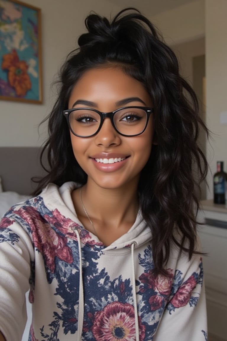 Create a breathtakingly realistic portrait of an 18-year-old mixed-heritage girl, blending South African and Japanese roots:

- Relaxing at home, in her  bedroom taking a selfie
- Cinnamon, Mocha brown skin with subtle sheen
- Almond-shaped Asian eyes, full lips, small button nose, small petite nose, braces
- Structured cheekbones, feminine features

*Hair:*

- EXTRA LONG, WAIST-LENGTH DARK HAIR (below the waist)
- LUSH, CURLY LOCKS (tail bone length)
- LONG HAIR, LONG CURLS, FLOWING HAIR
Longer hair, in a pony tail, all hair in pony tail, no hair out

*Physique:*

- Petite, toned (5'3", 125 lbs, 34" waist)
- Proportionate, realistic body

*Outfit:*

- a cute girly dope/cool printed pull over hoodie with hope and pull strings
- Matching denim jeans

*Accessories:*

- *PRESCRIPTION GLASSES* (black square framed)
- Glasses, specs, eyewear (emphasize)

*Makeup and Pose:*

- Minimal makeup, natural glow
- Confident pose, bright smile, pearly white teeth

*Essence:*

- American girl, mixed race, beautiful blend
- Captivate her relaxed, carefree spirit

*Quality:*

- Realistic, photo-real, photo-realistic, real-life
- High-resolution, ultra-detailed, photorealistic textures
- Razor-sharp edges, crystal-clear facial features, 

Square Shaped prescription glasses on all generates

Why is it so hard for you to make her hair long? Long hair please