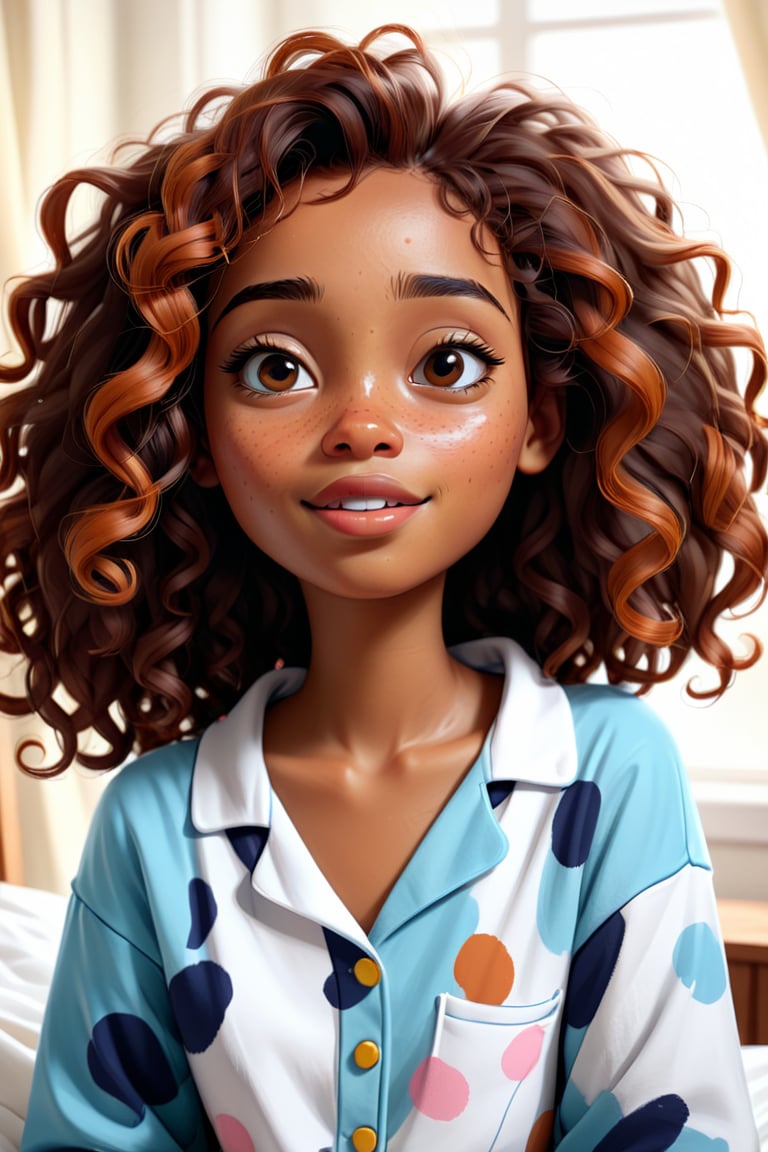 Clean Cartoon-brushstrokes Painting, crisp, simple, colored_lineart_illustration style, 1 woman, (21 years old), melanated female, brown skin, dark skin, cinnamon brown skin, type 4 hair, curly hair, realism, waking up, in bed, bed hair, morning, tired, beautiful, quirky, dimples, feminine, soft, facial freckles, whimsical, happy, young, vibrant, adorable, pajamas, slender/petite body shape, normal size head, head that fits body, high quality, masterpiece ,3D