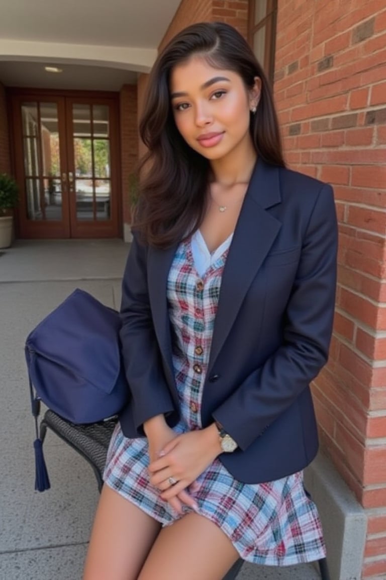 Capture Generate an image of a stunning 18-year-old woman, blending South african and Japanese heritage, darker skin but more Asian face. She has long straight/wavy hair,

"Describe a private school girl in a traditional uniform:

Wearing a:
- White  blouse with a conservative collar
- Blue with red and white jumper Plaid or pleated skirt ( just above knee or shorter, not too short*)
- Navy blue or dark-colored blazer or cardigan
- White socks and black shoes (loafers or Mary Janes)

Pose:
- Sitting with hands clasped or holding a graduation hat or diploma
- Soft, gentle smile, with or without teeth 

Background:
- A warm, American flag, full brick background

Include details:
- Neat, stylish hairstyle (e.g., ponytail, loose hair)
- Minimal jewelry (e.g., simple watch, classic earrings, necklace)
- Innocent, yet captivating expression

Convey a sense of:
- Polished elegance
- Youthful charm
- Intelligent, confident demeanor"

To add subtle appeal without revealing skin:
- Emphasize the uniform's fitted silhouette
- Highlight the subject's bright, expressive eyes
- Capture a soft, natural light illuminating the scene