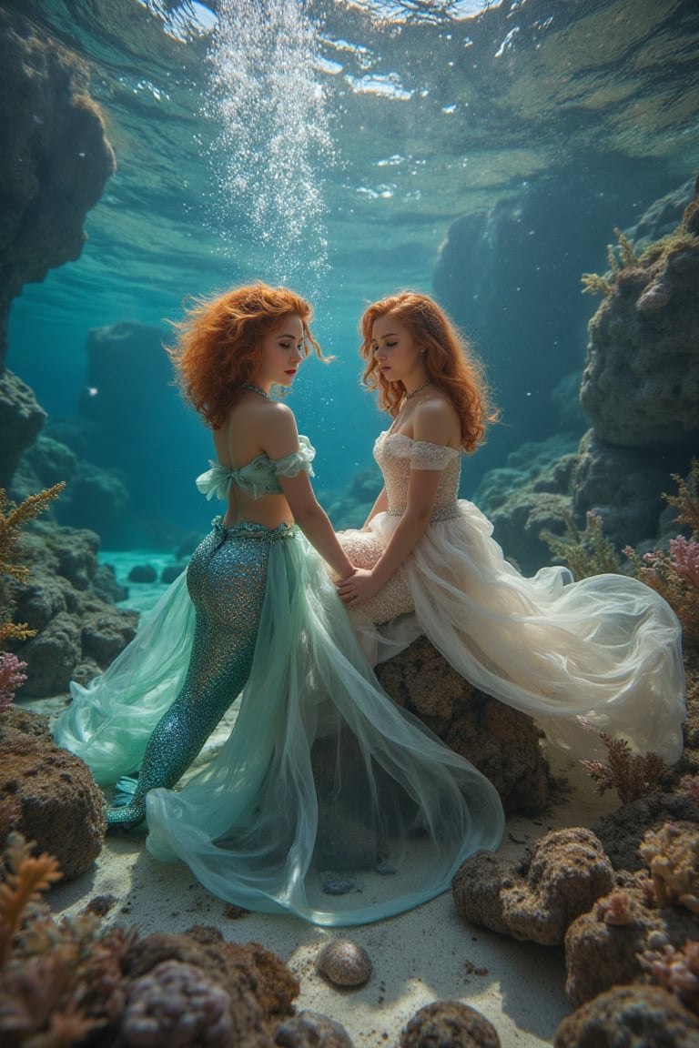 _Twinning Under the Sea and On Land_

Capture a whimsical scene featuring identical twin sisters as Ariel from The Little Mermaid. Short curly hair

_Scene:_

- Split-setting: underwater (oceanic background, coral, seaweed) and on land (coastal rocks, beach)
- Soft, dreamy lighting with pastel colors

_Characters:_

- Mermaid Ariel (one twin): shimmering tail, seashells, flowing locks
- Human Ariel (other twin): flowing gown, ocean-inspired accessories

_Action:_

- Twins posing together, mirroring each other's movements
- Mermaid Ariel emerging from the water or sitting on rocks
- Human Ariel standing or sitting beside her twin

_Mood:_

- Enchanting, mystical atmosphere
- Sisterly love and connection
- Whimsical, fantastical feel

_Style:_

- Inspired by Disney's The Little Mermaid
- Soft focus, ethereal textures
- Emphasis on twin bond and contrasting environments

_Inspiration:_

- Hans Christian Andersen's classic tale
- Disney's animated film
- Underwater and coastal photography,

SamSam, Samira, Samiya