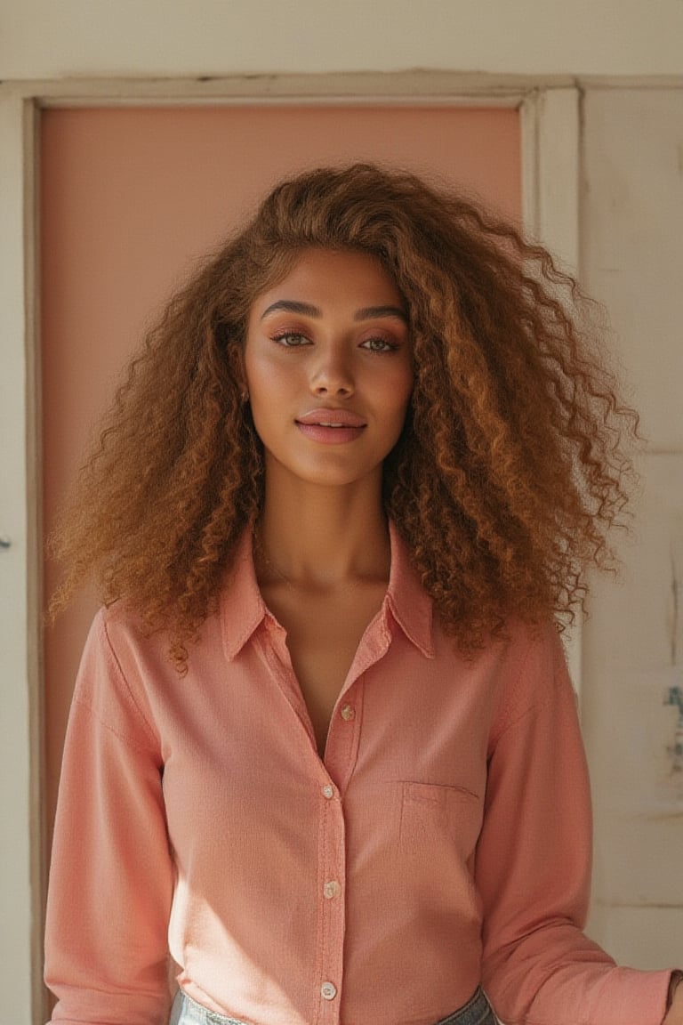 Capture a candid photo of a stunning 18-year-old girl, year-old petite teenager, young, youth, child, kid, blending Black and Spanish heritage. She has fluffy curly brown hair, Type 4 hair, lush and vibrant, long curly hair, part in middle of head. taking a selfie in a public restroom mirror.

*Setting:*
- Natural light (near a window or outside)
- Soft, pastel-colored background (optional)
- Minimal distractions
- conservative area, with American flags

*Pose:*
- Relaxed, slight smile
- Chin slightly tilted up
- Shoulders back, confident posture
- Hair styled naturally

*Expression:*
- Genuine, warm smile
- Sparkling eyes
- Subtle, natural makeup (optional)

*Style Influences:*
- Soft focus or subtle filter
- Natural colors and lighting
- Authentic, effortless vibe

*Outfit*
- pastel pink button shirt

*Capture:*
- A moment of self-love and confidence
- A glimpse of your personality
- A beautiful, genuine smile

*Figure*
-Average
5’3”, 115lbs