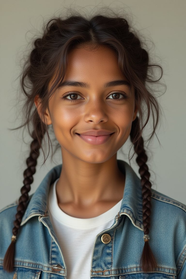 2 braids, hair messy
Brown eyes shining, small button nose, small full lips
confident and bright
Petite, curvy, cool-girl stride
White shirt, loose jean jacket and loose jeans, denim, Levi,
Straight face, smiling with eyes,
Private citizen, beautiful form
Inspired by nyc female rapper boog the bandit
Light skin