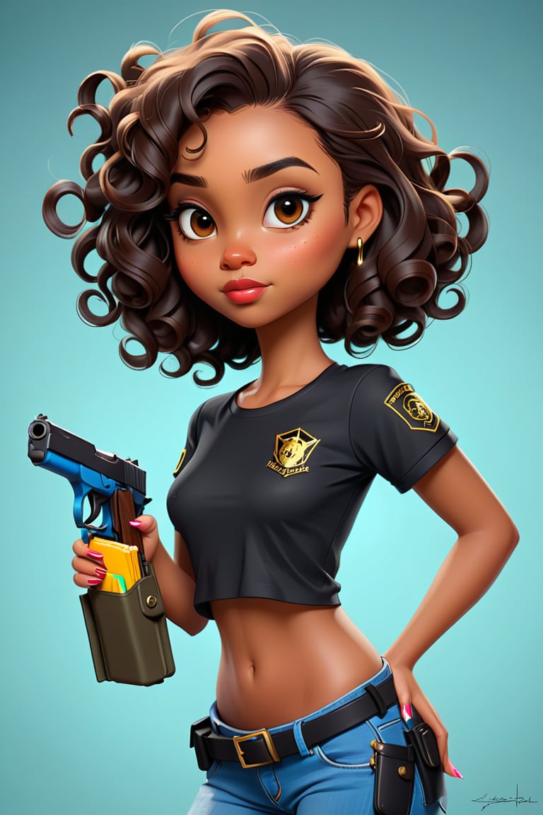 Clean Cartoon-brushstrokes Painting, crisp, simple, colored_lineart_illustration style, 1 woman, carrying a p226 legion, compact, Sig Sauer, holster, EDC,  (21 years old), melanated female, brown skin, brown skin, black, type 4 hair, curly hair, realism, seductive, sexy, B cup size, small breast, innocent, promiscuous, feminine, innocent, whimsical, happy, young, vibrant, adorable, slender/petite body shape, normal size head, head that fits body, high quality, masterpiece ,3D,