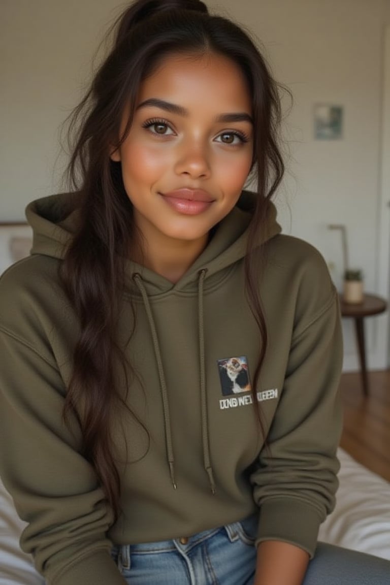 Generate a radiant, hyper-realistic portrait of a stunning teenager:

- Blended Black, Spanish, and White American heritage
- Standing in her cozy bedroom, sitting on a chair
- Heart-shaped face, golden brown skin with a subtle tan
- Bright brown eyes, deep dimples, confident smile
- Pearly whites, small heart-shaped lips
- Thick, long, wavy hair (waist-length) in a ponytail
- Luscious curls, soft natural texture
- Sparkling eyes directly at the camera

Physique:
- 5'3", 125 lbs, 34" waist, B-cup bust
- Proportionate, fit body

Outfit:
- A od green hoodie with a cool print on it, light blue denim jeans
- Cute, teenage, normal girl design

Lighting:
- Soft, natural illumination

Quality:
- 16K equivalent resolution
- Photorealistic textures
- Razor-sharp edges
- Crystal-clear facial features
- Pin-sharp eyes
- Flawless skin rendering
- Advanced noise reduction
- HDR-like contrast
- Vibrant, lifelike colors
- Perfect focus, zero blur

Style: Ultra-realistic, cinematic, high-definition, masterpiece.

Additional keywords:
- High-res
- Ultra-detailed
- Photorealistic
- Sharp focus
- Crystal clarity
- Cinematic quality
- Radiant
- Glowing
- Luminous
- Highly detailed skin
- Intricately detailed hair"