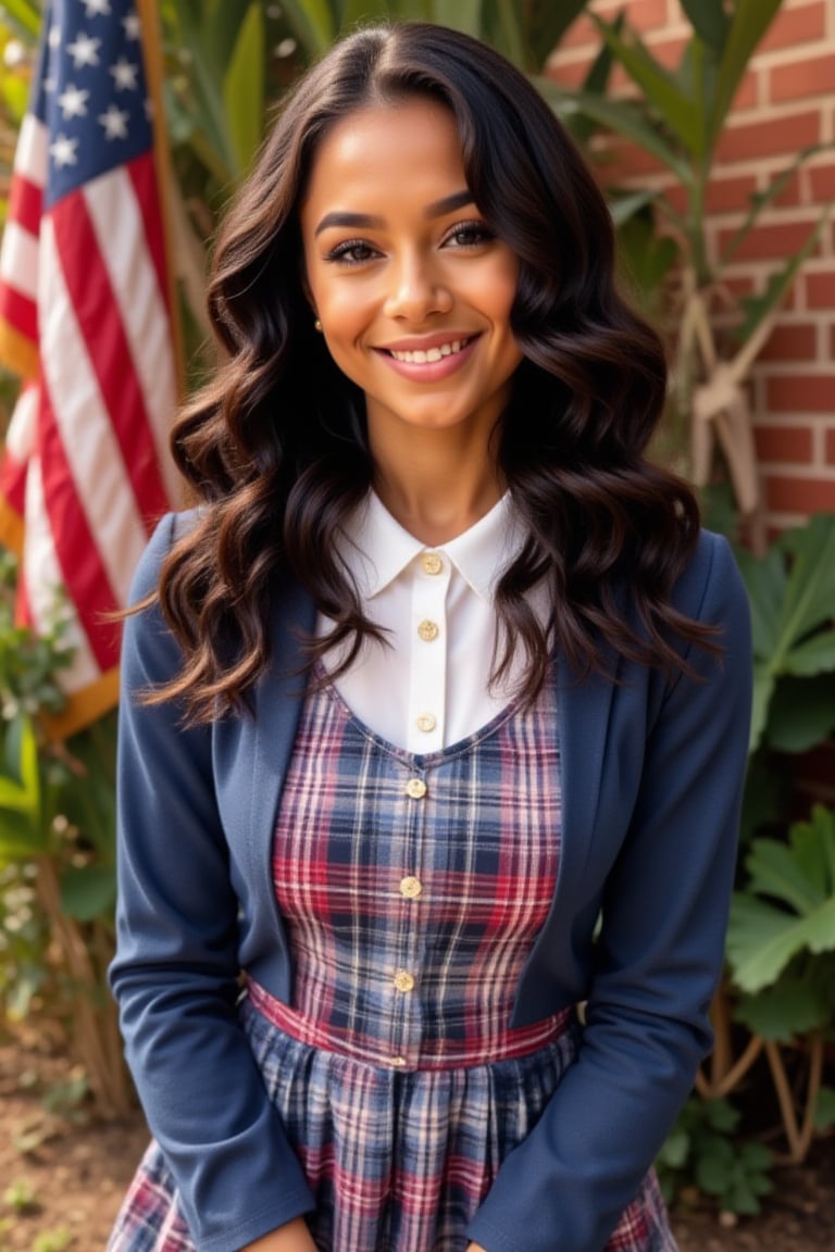 Generate an image of a stunning 18-year-old woman, blending Dominican and Spanish, puerto Rican heritage. She has wild Shirley temple curls, type 3 hair, side part, lush and vibrant, falling in loose waves down her back.

"Describe a private school girl in a traditional uniform: Wearing a: - White blouse with a conservative collar - Blue with red and white jumper Plaid or pleated skirt ( just above knee or shorter, not too short*) - Navy blue or dark-colored blazer or cardigan - White socks and black shoes (loafers or Mary Janes) Pose: - Sitting with hands clasped or holding a graduation hat or diploma - Soft, gentle smile, with or without teeth Background: - A warm, American flag, full brick background Include details: - Neat, stylish hairstyle (e.g., ponytail, loose hair) - Minimal jewelry (e.g., simple watch, classic earrings, necklace) - Innocent, yet captivating expression Convey a sense of: - Polished elegance - Youthful charm - Intelligent, confident demeanor" To add subtle appeal without revealing skin: - Emphasize the uniform's fitted silhouette - Highlight the subject's bright, expressive eyes - Capture a soft, natural light illuminating the scene