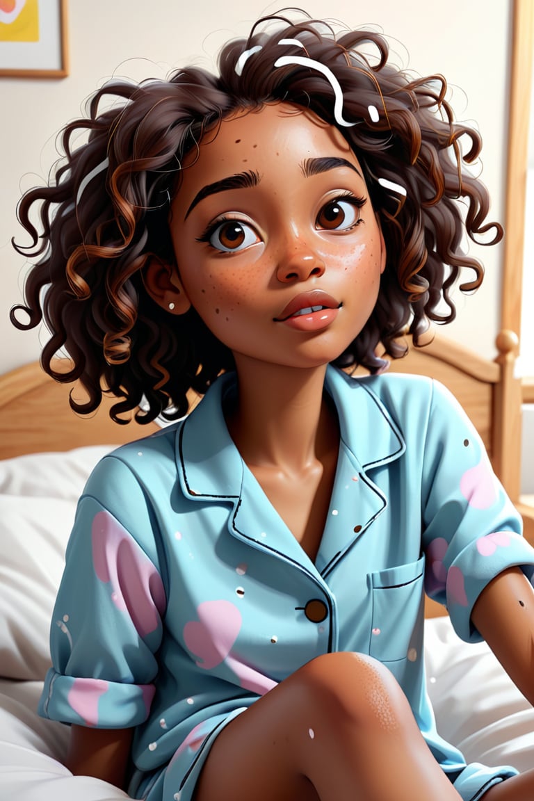 Clean Cartoon-brushstrokes Painting, crisp, simple, colored_lineart_illustration style, 1 woman, (21 years old), melanated female, brown skin, dark skin, type 4 hair, curly hair, realism, waking up, in bed, bed hair, morning, tired, beautiful, quirky, dimples, feminine, soft, freckles, whimsical, happy, young, vibrant, adorable, pajamas, slender/petite body shape, normal size head, head that fits body, high quality, masterpiece ,3D