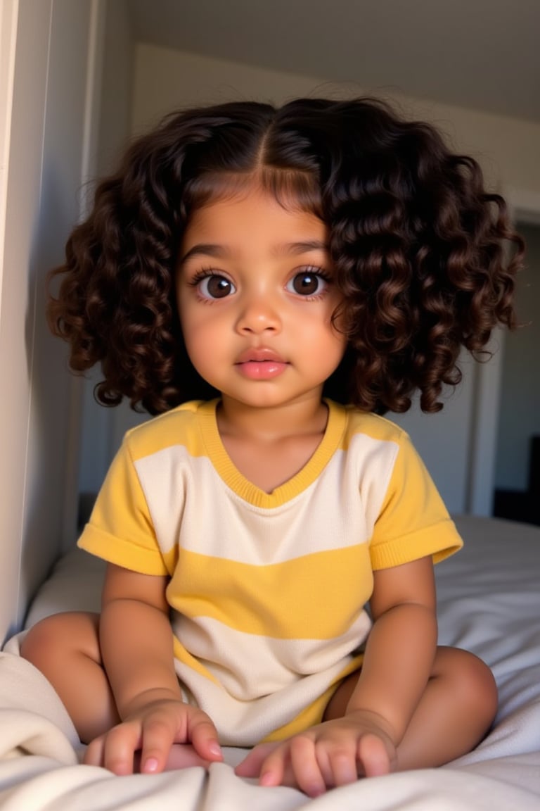 A baby melanated girl with puffy curly hair indian brown skin mixed with puerto Rican and Cuban heritage, light brown, black American,

*Baby's Face:*
Adorable round
Bright curious eyes
Button nose
Plump rosy cheeks
Sweet gentle smile

*Baby's Personality:*
Curious adventurous
Giggly playful
Snuggly affectionate
Happy energetic

*Baby's Features:*
Soft curly hair
Chubby little hands
Tiny feet