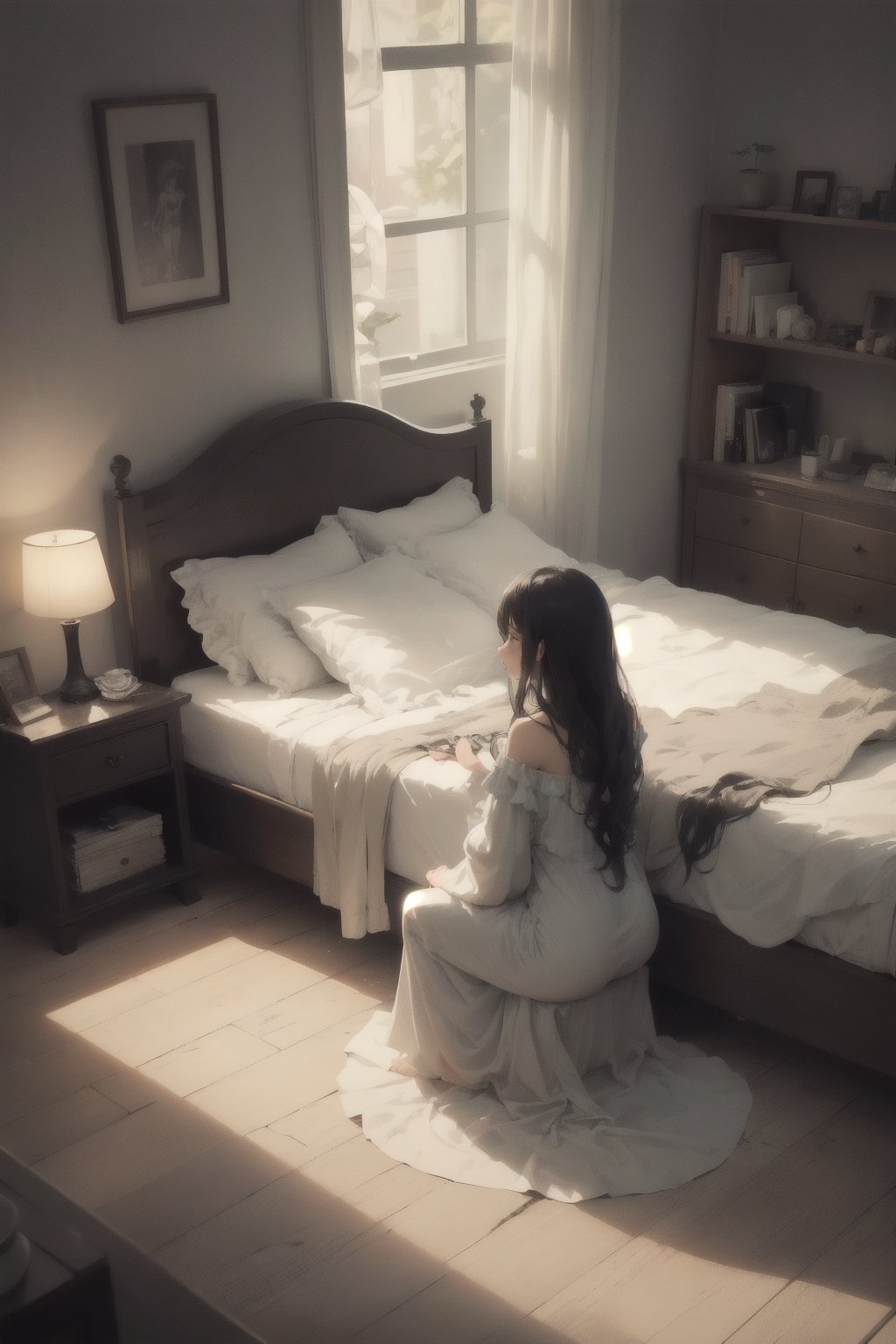 A 20 year old women sitting in a chair in her bedroom, at her vanity doing her hair. She is a beautiful dark skinned girl with beautiful long locks. With a paddle brush, you can view her through a slim crack in the door and you can also see her bed and other things that goes in a bedroom. She is in her night gown getting ready for bed.
"Masterpiece, Best Quality"
(((Perfect Anatomy)))
- Beautiful dark-skinned woman, 20 years old, sitting at her vanity
- Long, luscious locks cascading down her back
- Paddle brush in hand, styling her hair with grace
- Slim crack in the door, inviting viewer to peek inside
- Soft, warm lighting, casting a cozy glow
- Nightgown flowing, delicate and feminine
- Bedroom surroundings, intimate and serene

"Intimate Bedroom Scene"
- Young woman, lost in thought, styling her hair
- Soft focus, dreamy atmosphere, like a secret glimpse
- Paddle brush strokes, gentle and soothing
- Long hair, a rich, dark waterfall
- Nightgown, a soft whisper of fabric
- Bedroom, a sanctuary, private and peaceful

"Vanity Moment"
- Dark-skinned beauty, 20 years old, at her vanity
- Paddle brush in hand, taming her luscious locks
- Slim crack in the door, a subtle invitation
- Soft lighting, casting a warm, golden glow
- Nightgown, flowing and delicate, like a cloud
- Bedroom surroundings, a cozy, intimate space

"Whispered Secrets"
- Young woman, alone in her bedroom, styling her hair
- Paddle brush strokes, soft and soothing
- Long hair, a dark, silky cascade
- Nightgown, a gentle whisper of fabric
- Slim crack in the door, a subtle peek
- Bedroom, a sanctuary, private and peaceful

"Midnight Prep"
- Dark-skinned beauty, 20 years old, preparing for bed
- Paddle brush in hand, styling her long locks
- Slim crack in the door, a subtle glimpse
- Soft lighting, casting a cozy, warm glow
- Nightgown, flowing and delicate, like a cloud
- Bedroom surroundings, a cozy, intimate space