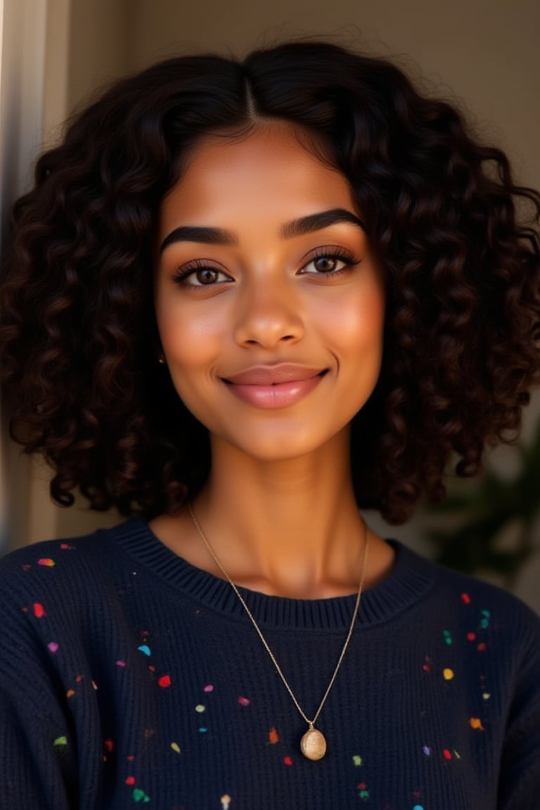 A 19-year-old melanated girl with puffy shoulder length type 4 curly hair indian brown skin mixed with puerto Rican and Cuban heritage, light brown, black American,

Neutral Expression:* "Capture a serene, symmetrical portrait of a person: - Face filling the frame - Soft, natural light - Neutral expression - Eyes looking directly at the camera - Subtle, relaxed smile" -Necklace -Subtle smile - A navy blue knitted sweater with colorful confetti

Natural lighting, no exposure