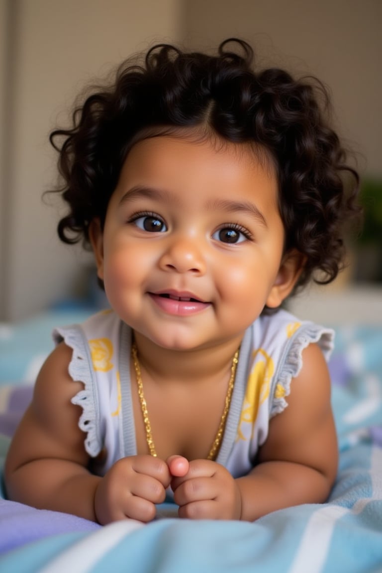 A baby melanated girl with curly hair, baby soft hair, short baby hair, indian brown skin mixed with puerto Rican and Cuban heritage, light brown, black American,

At home in the living room on a baby light blue and purple blanket
*Baby's Face:*
Adorable round
Bright curious eyes
Button nose
Plump rosy cheeks
Sweet gentle smile

*Baby's Personality:*
Curious adventurous
Giggly playful
Snuggly affectionate
Happy energetic

*Baby's Features:*
Soft curly hair
Chubby little hands
Tiny feet