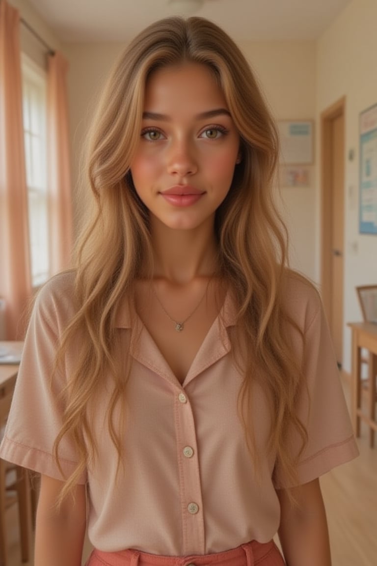 Generate a radiant, hyper-realistic portrait of a stunning teenager at a bright school: - Heart-shaped face with a feminine structured rosy red jawline - Green eyes, fair, olive skin- Blonde hair (loose, wavy, curled and vibrant) - Rosy red lips (plump and inviting) - Freckled cheeks (scattered across her nose and upper cheeks) - Button nose (small and adorable) - Almond-shaped eyes (slightly tilted upwards) - Porcelain-like skin with a subtle golden glow - Thick, long, wavy blonde hair, natural blonde (waist-length) in a ponytail - Luscious curls, soft natural texture - Sparkling eyes directly at the camera Physique: - 5'3", 125 lbs, 34" waist, B-cup bust - Proportionate, fit body Outfit: - school uniform, skirt,  Bright red and white - Cute, teenage, normal girl design