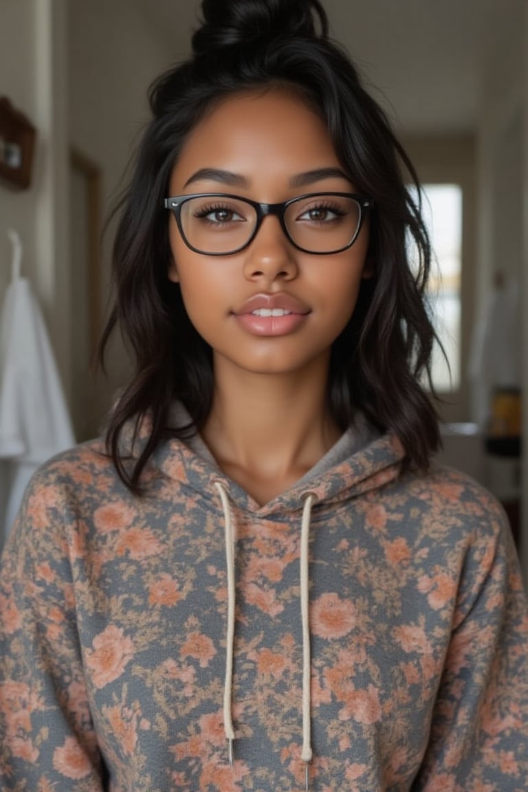 Create a breathtakingly realistic portrait of an 18-year-old mixed-heritage girl, blending South African and Japanese roots:

- Relaxing at home, in her bathroom taking a selfie
- Cinnamon, Mocha brown skin with subtle sheen
- Almond-shaped Asian eyes, full lips, small button nose, braces
- Structured cheekbones, feminine features

*Hair:*

- EXTRA LONG, WAIST-LENGTH DARK HAIR (below the waist)
- LUSH, CURLY LOCKS (tail bone length)
- LONG HAIR, LONG CURLS, FLOWING HAIR
Longer hair, in a pony tail, all hair in pony tail, no hair out

*Physique:*

- Petite, toned (5'3", 125 lbs, 34" waist)
- Proportionate, realistic body

*Outfit:*

- a pearl dope/cool printed pull over hoodie with hope and pull strings
- Matching denim jeans

*Accessories:*

- *PRESCRIPTION GLASSES* (black square framed)
- Glasses, specs, eyewear (emphasize)

*Makeup and Pose:*

- Minimal makeup, natural glow
- Confident pose, bright smile, pearly white teeth

*Essence:*

- American girl, mixed race, beautiful blend
- Captivate her relaxed, carefree spirit

*Quality:*

- Realistic, photo-real, photo-realistic, real-life
- High-resolution, ultra-detailed, photorealistic textures
- Razor-sharp edges, crystal-clear facial features, 

Square Shaped prescription glasses on all generates

Why is it so hard for you to make her hair long? Long hair please