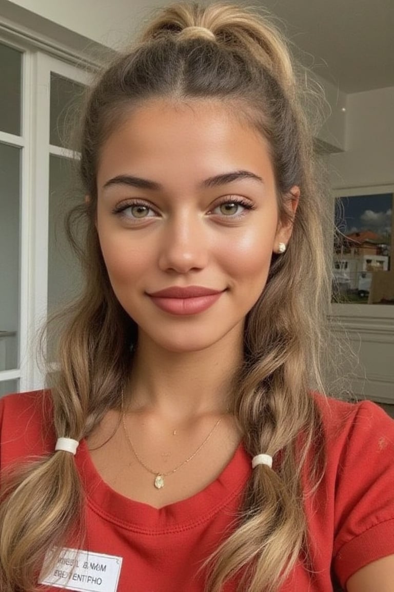 Generate a radiant, hyper-realistic portrait of a stunning teenager at a bright school: - Heart-shaped face with a feminine structured rosy red jawline - Green eyes, fair, olive skin- natural Blonde hair (loose, wavy, curled and vibrant) - Rosy red lips (plump and inviting) - Freckled cheeks (scattered across her nose and upper cheeks) - Button nose (small and adorable) - Almond-shaped eyes (slightly tilted upwards) - Porcelain-like skin with a subtle golden glow - Thick, long, wavy blonde hair, natural blonde (waist-length) in a ponytail - Luscious curls, soft natural texture - Sparkling eyes directly at the camera Physique: - 5'3", 125 lbs, 34" waist, B-cup bust - Proportionate, fit body Outfit: - school uniform, skirt,  Bright red and white - smiling from cheek to cheek, ear to ear, showing off pearly whites. Cute, teenage, normal girl design,green eyes,long wavy hair,Sam,sama, daughter of guy and khai, 