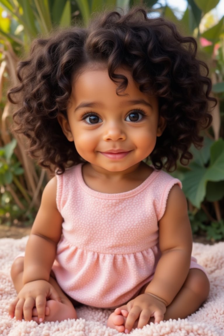 Generate an image of a stunning a blending of Dominican and Spanish, puerto Rican heritage. She has wild Shirley temple curls, type 3 hair, *Baby's Face:*
Adorable round
Bright curious eyes
Button nose
Plump rosy cheeks
Sweet gentle smile

*Baby's Personality:*
Curious adventurous
Giggly playful
Snuggly affectionate
Happy energetic

*Baby's Features:*
Soft curly hair
Chubby little hands
Tiny feet