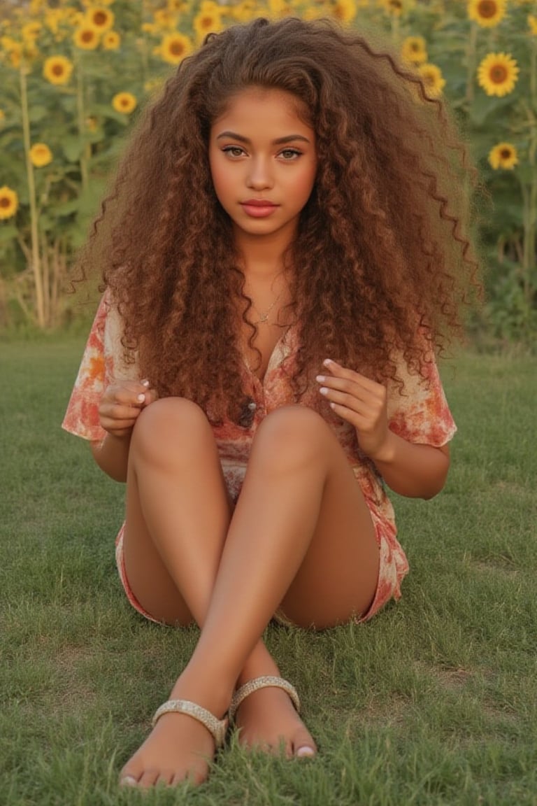 Generate a candid, stunning photo of an 18-year-old girl:

- Blending Black and Spanish heritage
- Fluffy curly brown hair (Type 4), lush and vibrant, long curly hair, middle part

Setting:

- Outside in a garden or park
- Sitting amidst sunflowers and grass
- Warm, natural lighting

Pose:

- Sitting with legs crossed or stretched out
- Leaning against a tree or sunflower
- Lying down in the grass, laughing

Expression:

- Sultry: intense gaze, parted lips
- Playful: giggling, hair toss
- Quirky: duck face, tongue-out

Outfit:

- Tie-dye romper, sneakers, layered necklaces
- Cropped denim jacket, white tee, high-waisted distressed shorts
- Floral maxi dress, sandals, statement earrings

Figure:

- Petite, 5’3”, 125lbs
- Average build

Style:

- Instagram-inspired, casual-chic
- Soft focus, warm filters, natural texture overlays