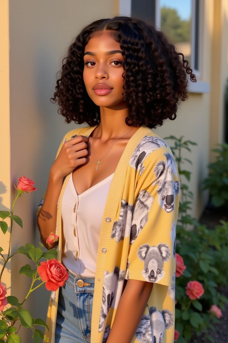 A 19-year-old melanated girl with puffy shoulder length type 4 curly hair indian brown skin mixed with puerto Rican and Cuban heritage, light brown, black American,

*Setting:* outside, by a wall of a house *Pose:* standing around flowers, roses *Expression:* smiling subtlety no teeth, grining *Outfit:* - a button down skirt with a koala print kimono *Figure* -Average 5’3”, 120lbs

Natural lighting, no exposure