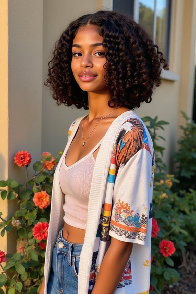 A 19-year-old melanated girl with puffy shoulder length type 4 curly hair indian brown skin mixed with puerto Rican and Cuban heritage, light brown, black American,

*Setting:* outside, by a wall of a house *Pose:* standing around flowers, roses *Expression:* smiling subtlety no teeth, grining *Outfit:* - a button down skirt with a white with American eagle flag, print kimono *Figure* -Average 5’3”, 120lbs

Natural lighting, no exposure