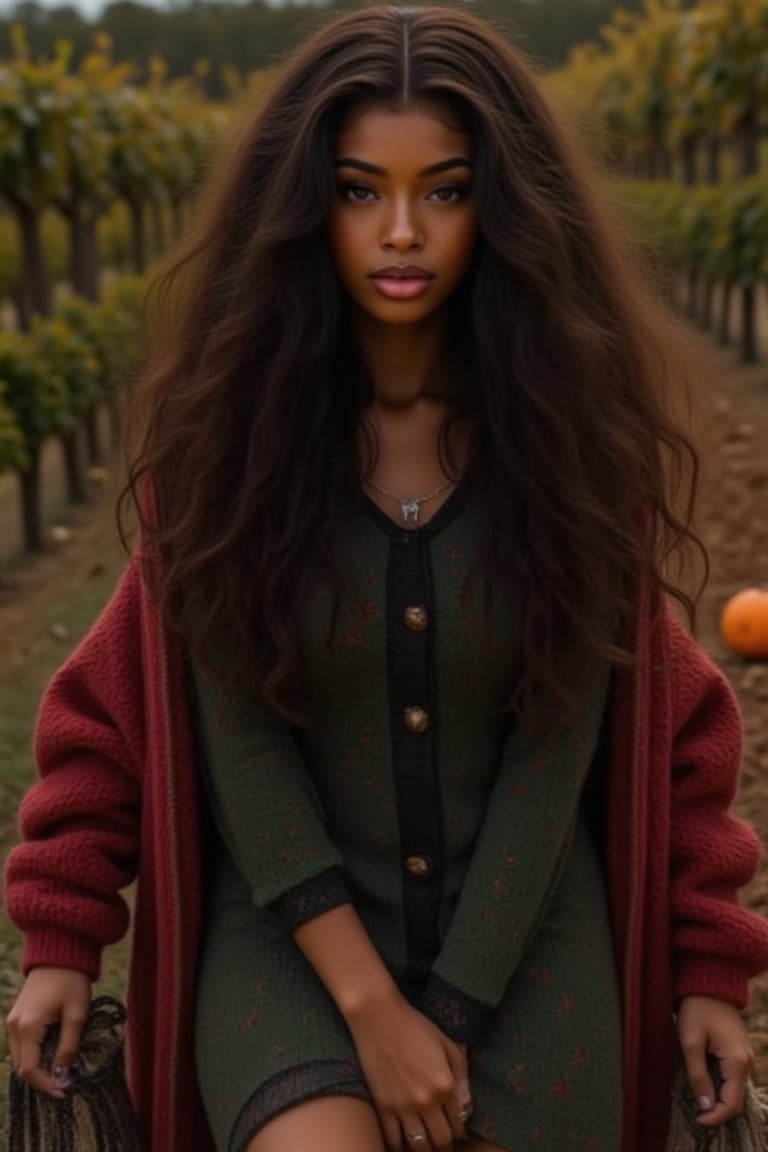 Capture Generate an image of a stunning 18-year-old woman, blending South african and Japanese heritage. She has long straight/wavy hair, resembles a blowout, lush and vibrant, falling in loose waves down her back Halloween hot Witch Prompt: Embodying the spirit of a modern, edgy witch, sweet nice witch for Halloween. Wearing red and black. casts a spell of allure at a mystical, autumnal setting, pumpkins, holiday white lights and Halloween theme. Clad in a flowy black & green dress witch costume with subtle lace details, chunky boots, and statement witchy accessories. Her afro curls are adorned with subtle, glittering silver threads, while bold, smoky eyes and dark lip color add to her enchanting gaze. A sprinkle of freckles across her cheeks and nose adds a touch of whimsy. Pose inspirations: - Gazing into a glowing crystal ball - standing atop a mystical, ancient tome - Conjuring magic with a wand Style influences: - Dark, moody aesthetics with pops of autumnal color - Witchy, mystical symbols and textures - Edgy, avant-garde fashion with a touch of elegance. *Figure* -Average 5’3”, 115lbs