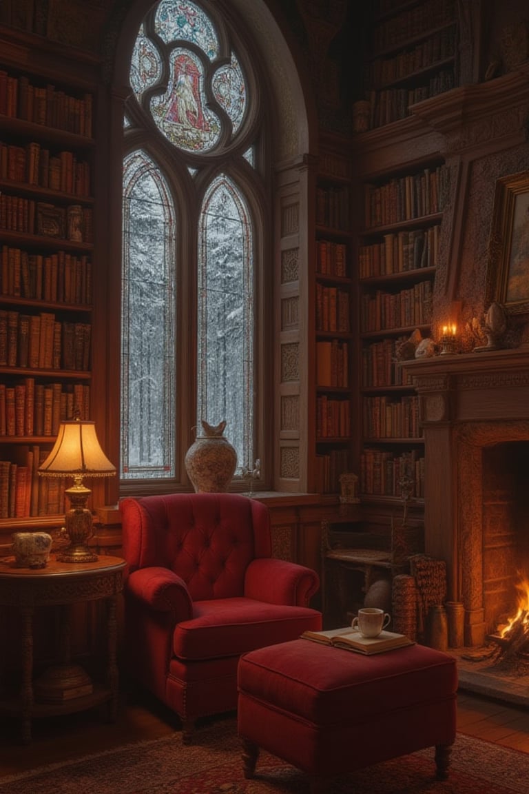 _A Cozy Library Scene:_

Soft, warm light filters through stained glass windows, illuminating rows of towering bookshelves.

_A plush, crimson armchair sits nestled_
between shelves, facing a crackling fireplace.

_A delicate, porcelain lamp casts_
golden hues on a polished wooden side table.

_A leather-bound book lies open_
on the chair's ottoman.

_A steaming cup of coffee_
sits beside the book.

_A winter landscape_
unfolds outside the frosty windowpanes.

_Raindrops trickle down_
the panes, rhythmic and soothing.