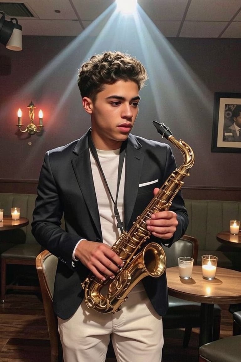 A stunning Spanish,  and black boy with blue eyes and light brown skin,  and short curly brown hair. _General:_ An intimat...