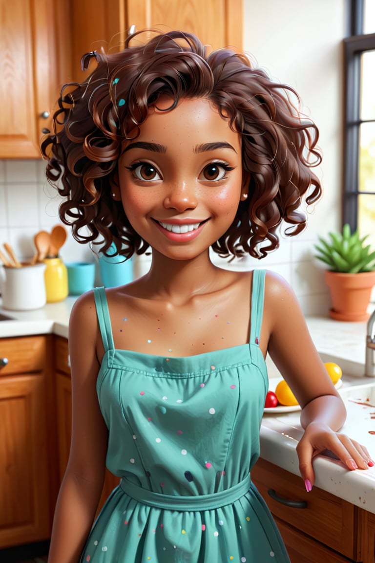 Clean Cartoon-brushstrokes Painting, crisp, simple, colored_lineart_illustration style, 1 woman, smiling, (21 years old), real, realistic, realism, melanated female, brown skin, dark skin, cinnamon brown skin, type 4 hair, dark brown hair, brown on brown hair, curly hair, short hair, standing in the kitchen, freckles on face only, beautiful, quirky, dimples, feminine, soft, whimsical, happy, young, vibrant, adorable, slender/petite body shape, normal size head, head that fits body, high quality, masterpiece ,3D