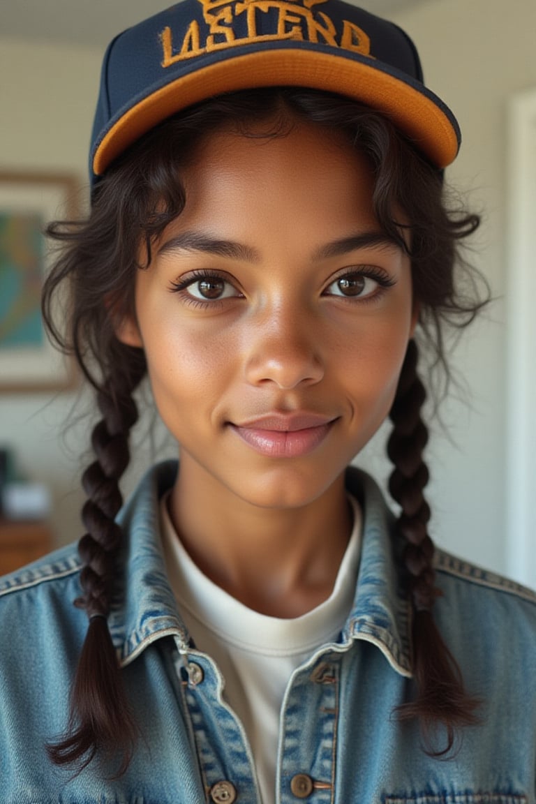 2 braids, fitted cap
Brown eyes shining, small button nose, small full lips
confident and bright
Petite, curvy, cool-girl stride
White shirt, loose jean jacket and loose jeans, denim, Levi,
Straight face, smiling with eyes,
Private citizen, beautiful form
Inspired by nyc female rapper boog the bandit
Lesbian
Light skin
No make up