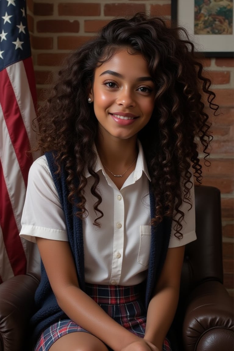 Capture a candid photo of a Stunning, 1 woman, (18 years old), mixed black and white, with long lion like type 4 curly hair, brown skin, American, button nose, almond eyes, 

"Describe a private school girl high school, school photo day, portrait in a traditional uniform:

Wearing a:
- White  blouse with a conservative collar
- Blue with red and white jumper Plaid or pleated skirt ( just above knee or shorter, not too short*)
- Navy blue or dark-colored blazer or cardigan
- White socks and black shoes (loafers or Mary Janes)

Pose:
- Sitting with hands clasped or holding a graduation hat or diploma
- Soft, gentle smile, with or without teeth 

Background:
- A warm, American flag, full brick background

Include details:
- Neat, stylish hairstyle (e.g., ponytail, loose hair)
- Minimal jewelry (e.g., simple watch, classic earrings, necklace)
- Innocent, yet captivating expression

Convey a sense of:
- Polished elegance
- Youthful charm
- Intelligent, confident demeanor"

To add subtle appeal without revealing skin:
- Emphasize the uniform's fitted silhouette
- Highlight the subject's bright, expressive eyes
- Capture a soft, natural light illuminating the scene