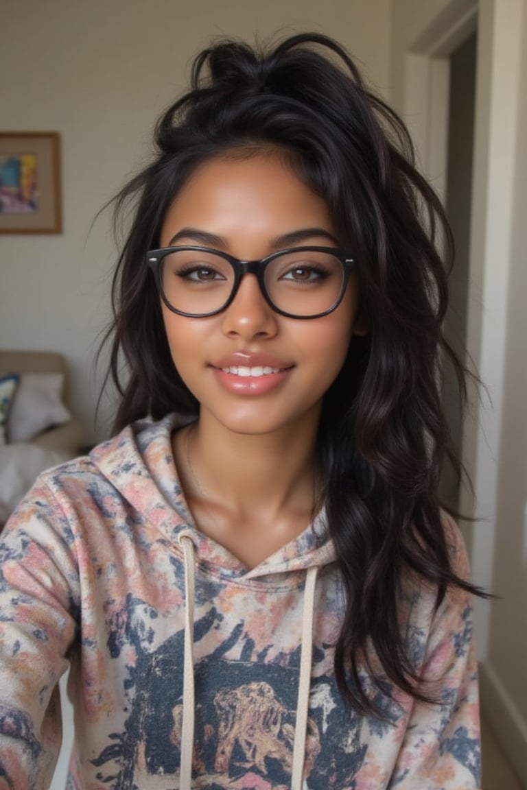 Create a breathtakingly realistic portrait of an 18-year-old mixed-heritage girl, blending South African and Japanese roots:

- Relaxing at home, in her bathroom taking a selfie
- Cinnamon, Mocha brown skin with subtle sheen
- Almond-shaped Asian eyes, full lips, small button nose, braces
- Structured cheekbones, feminine features

*Hair:*

- EXTRA LONG, WAIST-LENGTH DARK HAIR (below the waist)
- LUSH, CURLY LOCKS (tail bone length)
- LONG HAIR, LONG CURLS, FLOWING HAIR
Longer hair, in a pony tail, all hair in pony tail, no hair out

*Physique:*

- Petite, toned (5'3", 125 lbs, 34" waist)
- Proportionate, realistic body

*Outfit:*

- a pearl dope/cool printed pull over hoodie with hope and pull strings
- Matching denim jeans

*Accessories:*

- *PRESCRIPTION GLASSES* (black square framed)
- Glasses, specs, eyewear (emphasize)

*Makeup and Pose:*

- Minimal makeup, natural glow
- Confident pose, bright smile, pearly white teeth

*Essence:*

- American girl, mixed race, beautiful blend
- Captivate her relaxed, carefree spirit

*Quality:*

- Realistic, photo-real, photo-realistic, real-life
- High-resolution, ultra-detailed, photorealistic textures
- Razor-sharp edges, crystal-clear facial features, 

Square Shaped prescription glasses on all generates

Why is it so hard for you to make her hair long? Long hair please