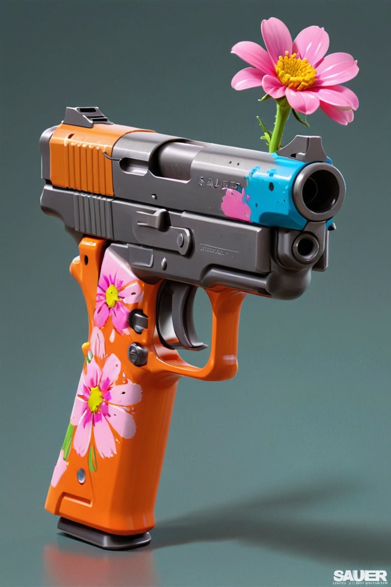 Clean Cartoon-brushstrokes Painting, crisp, simple, colored_lineart_illustration style, realistic, realism, 3D Cartoon, 3D Art, vibrant colors, p226 sig sauer pistol, flower growing out of muzzle, gun, no humans, handgun, art, beautiful, gallery, 