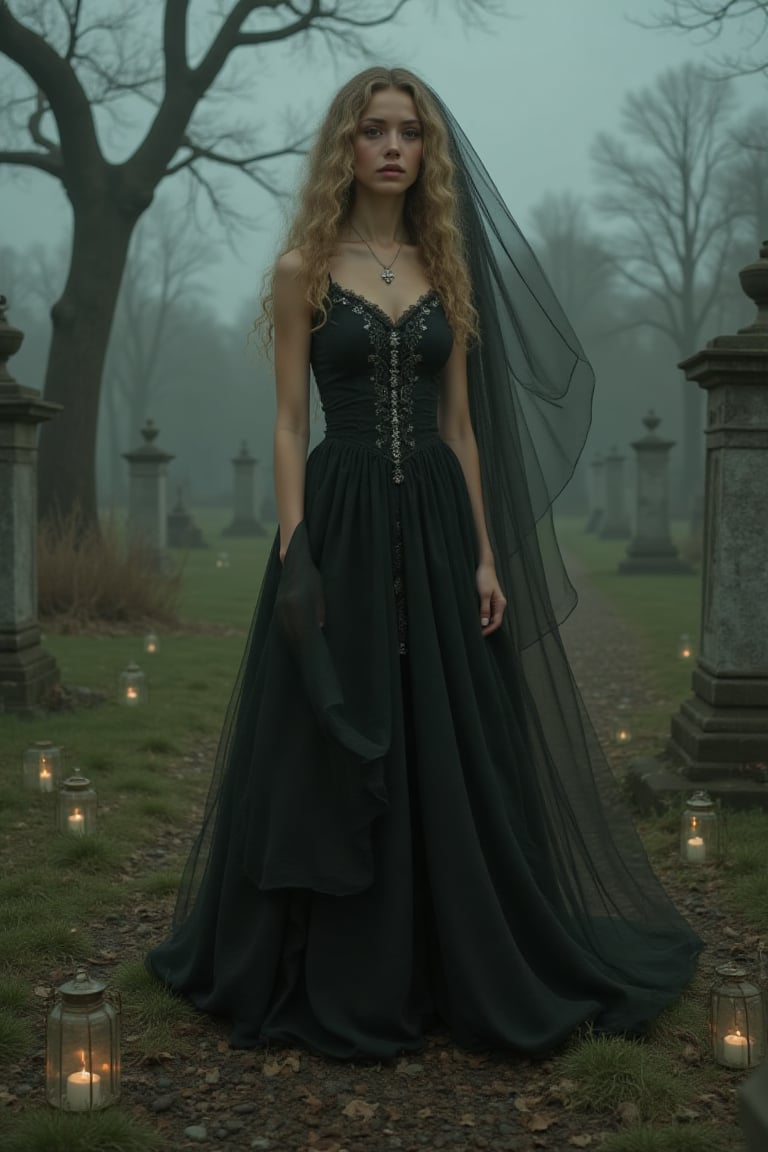 Hair- long, wavy, blonde 
Skin- fair, olive skin, green eyes

A hauntingly beautiful ghostly widow stands amidst a moonlit, abandoned cemetery, surrounded by crumbling headstones and twisted, gnarled trees. Her long, flowing black dress billows in the wind, with delicate, lace trim shimmering like spider silk.

Intricate details:

- Delicate, silver-encrusted locket containing a faded photo
- Black veil framing her porcelain face, with tears etched into her cheeks
- Ghostly, translucent roses woven into her hair
- Tiny, glowing lanterns scattered at her feet

Setting:

- Forgotten, rural cemetery, with overgrown grass and vines claiming the gravestones
- Soft, eerie fog rolls in, shrouding the scene in mystery

Artistic style:

- Inspired by WLOP and Craola, blending dark fantasy and Gothic romance
- Hyperrealistic, ultra-detailed, and luminous, with film grain texture
- Cinematic quality, sharp focus, and crystal clarity

Mood:

- Haunting, mystical, and melancholic, with a touch of supernatural longing