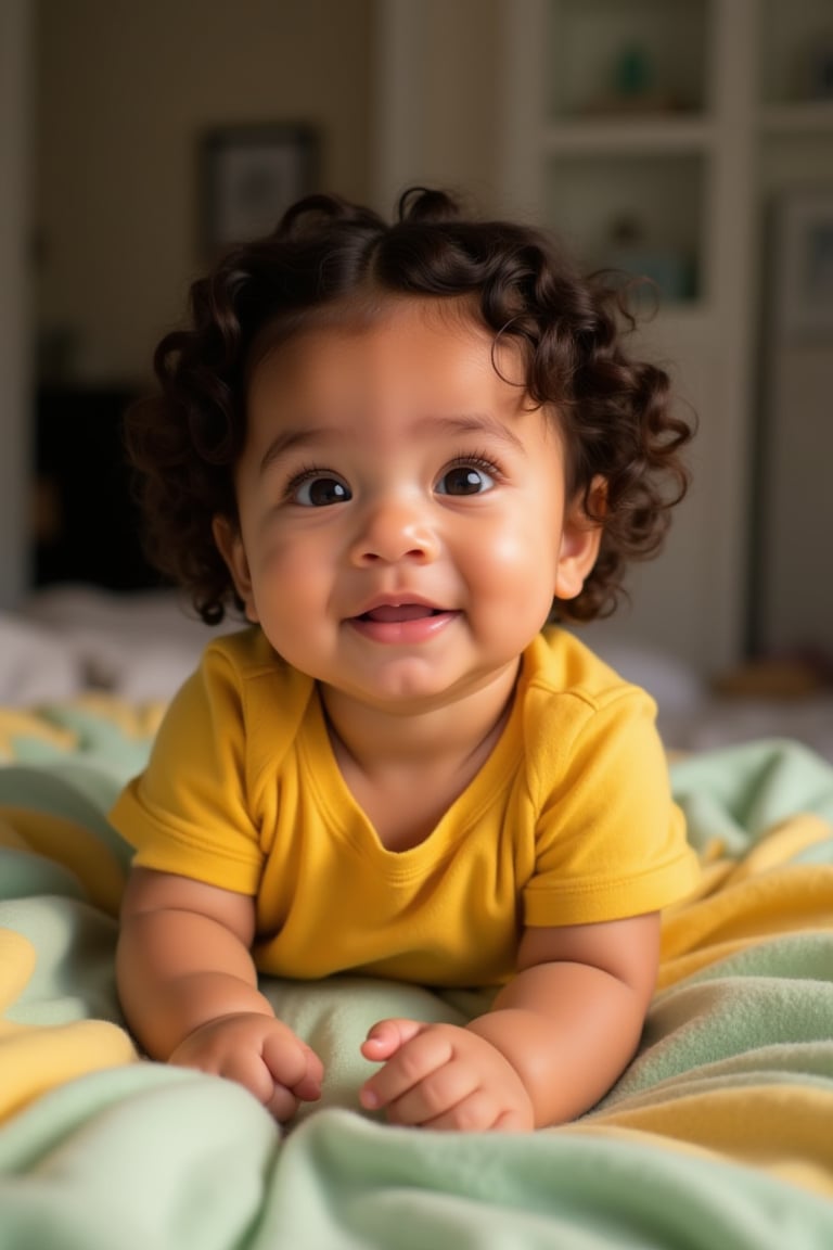 A baby melanated girl with curly hair, baby soft hair, short baby hair, indian brown skin mixed with puerto Rican and Cuban heritage, light brown, black American,

At home in the living room on a baby light green and yellow blanket
*Baby's Face:*
Adorable round
Bright curious eyes
Button nose
Plump rosy cheeks
Sweet gentle smile

*Baby's Personality:*
Curious adventurous
Giggly playful
Snuggly affectionate
Happy energetic

*Baby's Features:*
Soft curly hair
Chubby little hands
Tiny feet