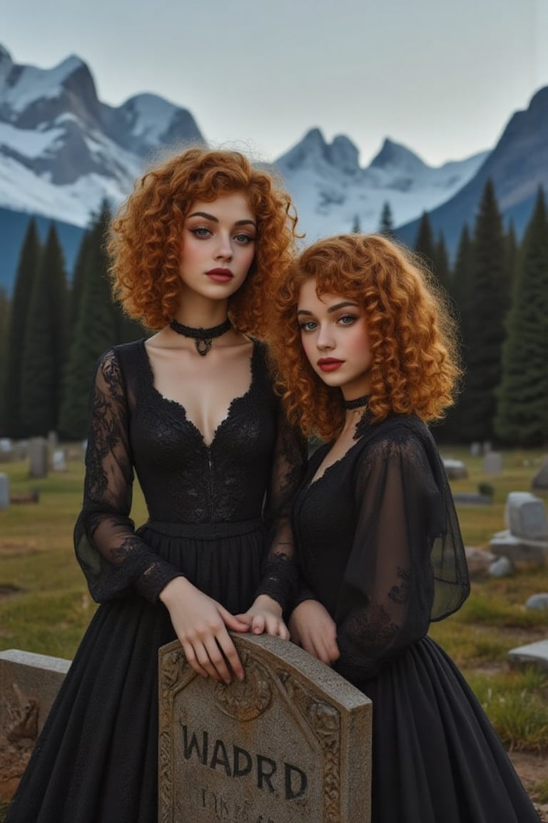 "Capture a candid photo of a two stunning 18-year-old twins, blending White and Spanish heritage. Olive, goldfish skin tone. Blue eyes, Tenerife sea eyes, they has short, shoulder length, strawberry blonde, ginger, natural, Ed sheerans hair, curly, wavy hair, Shirley temple curls, hair parted in the middle going towards the back, back hair falls down near face, lush and vibrant, 2 girls

In the depths of a forsaken, rural cemetery, a mysterious young vampire twin girls with raven-black hair and piercing, crimson-rimmed eyes sits atop a weathered tombstone, their slender fingers tracing the epitaph of a long-forgotten soul. Adorned in a tattered, black Victorian dress that falls above her knees, they gaze down at the freshly disturbed earth before her, where a withered hand breaks through the soil, as if summoned by her dark presence. The overcast sky casts an eerie, silver glow upon her porcelain skin, illuminating the intricate, gothic lace that adorns her neck and wrists. A subtle, mischievous smile plays on her lips as she contemplates the ancient power stirring beneath her. The air is heavy with the scent of damp earth and decay, and the trees seem to lean in, as if witnessing the awakening of a centuries-old evil.",blue eyes,Amyra,American girl,mixed race,SamSam, Samira, Samiya