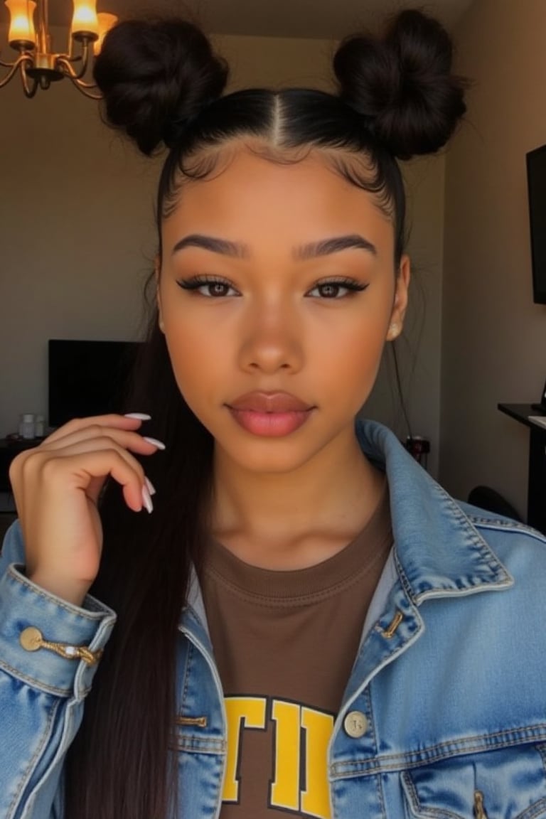 Create a stunning portrait of an 18-year-old mixed-heritage girl, blending South African and Japanese roots:

- Chilling, hanging out at home, in a coffee shop with her laptop
- Cinnamon, Mocca brown skin with subtle sheen
- Almond-shaped asian eyes, full lips, small button nose, small petite nose, braces, 
- Structured cheek bones, feminine features, 
- Long straight hair in two braids, all hair in braids, light hair out on the side
- Petite, toned physique (5'3", 125 lbs, 34" waist) head fits body, realistic body
- Asian swag, baggy clothes, brown shirt with a denim jean jacket
- Minimal makeup, natural glow
- Confident pose, bright smile, pearly white teeth

Capture her essence: American girl, mixed race, beautiful blend."

Realistic, photo real, photo realistic, real,