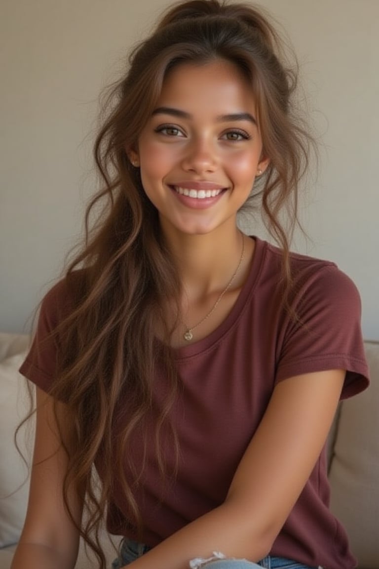 Generate a radiant, hyper-realistic portrait of a stunning teenager:

- Blended Black, Spanish, and White American heritage
- Sitting on her couch getting ready for school
- Heart-shaped face, golden brown skin with a subtle tan
- Bright brown eyes, deep dimples, confident smile
- Smiling showcasing her Pearly whites, and deep dimples  small heart-shaped lips
- Thick, long, wavy hair (waist-length) in a ponytail
- Luscious curls, soft natural texture
- Sparkling eyes directly at the camera

Smiling showing teeth and dimples please. 
Physique:
- 5'3", 125 lbs, 34" waist, B-cup bust
- Proportionate, fit body

Outfit:
- light blue denim levi High-waisted mom jeans, Maroon cropped tee, platform sandals
- Cute, teenage, normal girl design

Lighting:
- Soft, natural illumination

Quality:
- 16K equivalent resolution
- Photorealistic textures
- Razor-sharp edges
- Crystal-clear facial features
- Pin-sharp eyes
- Flawless skin rendering
- Advanced noise reduction
- HDR-like contrast
- Vibrant, lifelike colors
- Perfect focus, zero blur

Style: Ultra-realistic, cinematic, high-definition, masterpiece.

Additional keywords:
- High-res
- Ultra-detailed
- Photorealistic
- Sharp focus
- Crystal clarity
- Cinematic quality
- Radiant
- Glowing
- Luminous
- Highly detailed skin
- Intricately detailed hair"