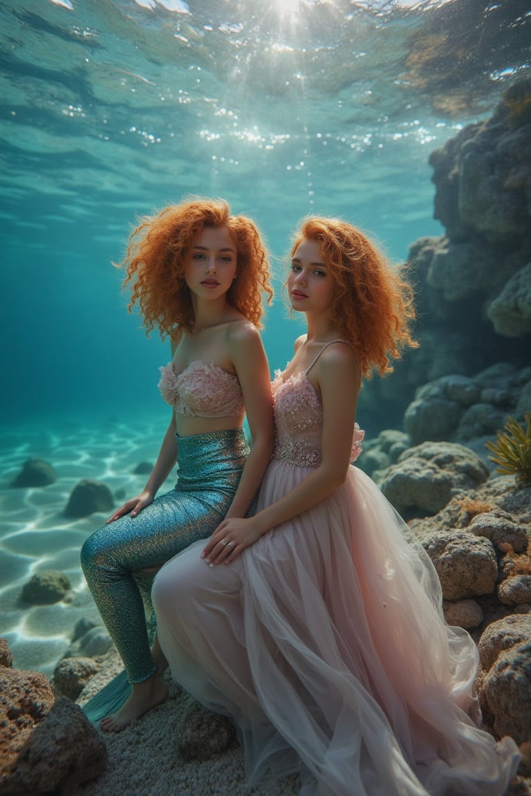 _Twinning Under the Sea and On Land_

Capture a whimsical scene featuring identical twin sisters as Ariel from The Little Mermaid. Short curly hair

_Scene:_

- Split-setting: underwater (oceanic background, coral, seaweed) and on land (coastal rocks, beach)
- Soft, dreamy lighting with pastel colors

_Characters:_

- Mermaid Ariel (one twin): shimmering tail, seashells, flowing locks
- Human Ariel (other twin): flowing gown, ocean-inspired accessories

_Action:_

- Mermaid Ariel emerging from the water or sitting on rocks
- Human Ariel standing or sitting beside her twin

_Mood:_

- Enchanting, mystical atmosphere
- Sisterly love, bonding, connecting
- having fun, relaxed, chilling 

_Style:_

- Inspired by Disney's The Little Mermaid
- Soft focus, ethereal textures
- Emphasis on twin bond and contrasting environments

_Inspiration:_

- Hans Christian Andersen's classic tale
- Disney's animated film
- Underwater and coastal photography,

SamSam, Samira, Samiya